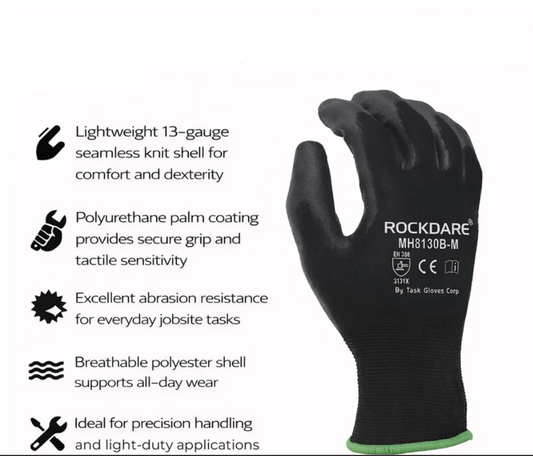 TASK 13G Black Polyurethane Coated Gloves, Black, MH8130B